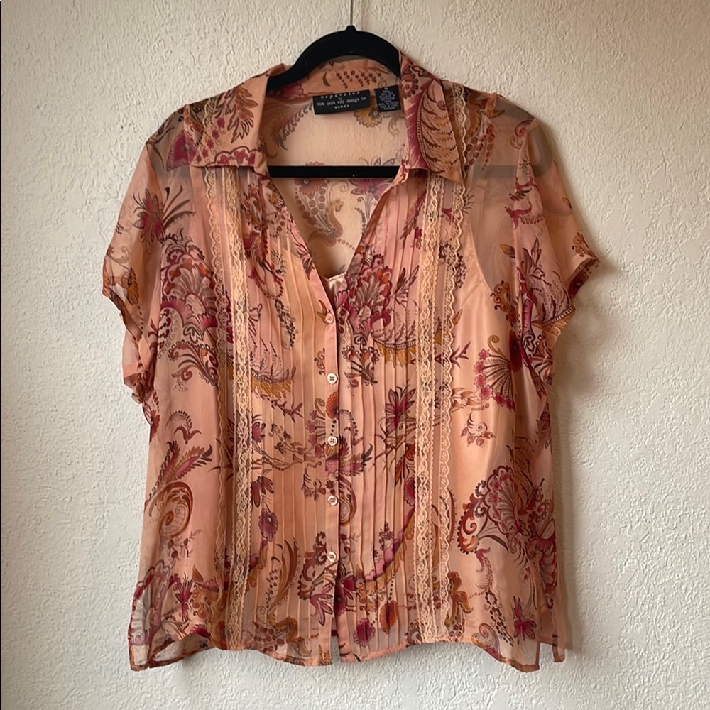 Sheer Floral Blouse - Peach and Red